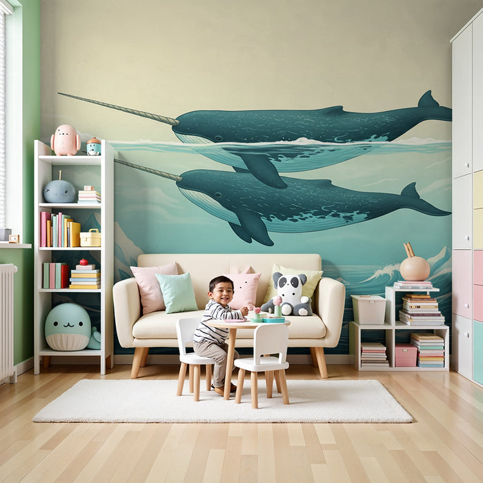 Papier peint chambre enfant | Narvals nageant dans de belles eaux turquoise