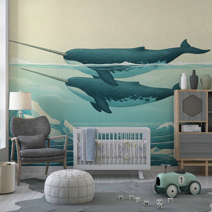 Papier peint chambre enfant | Narvals nageant dans de belles eaux turquoise
