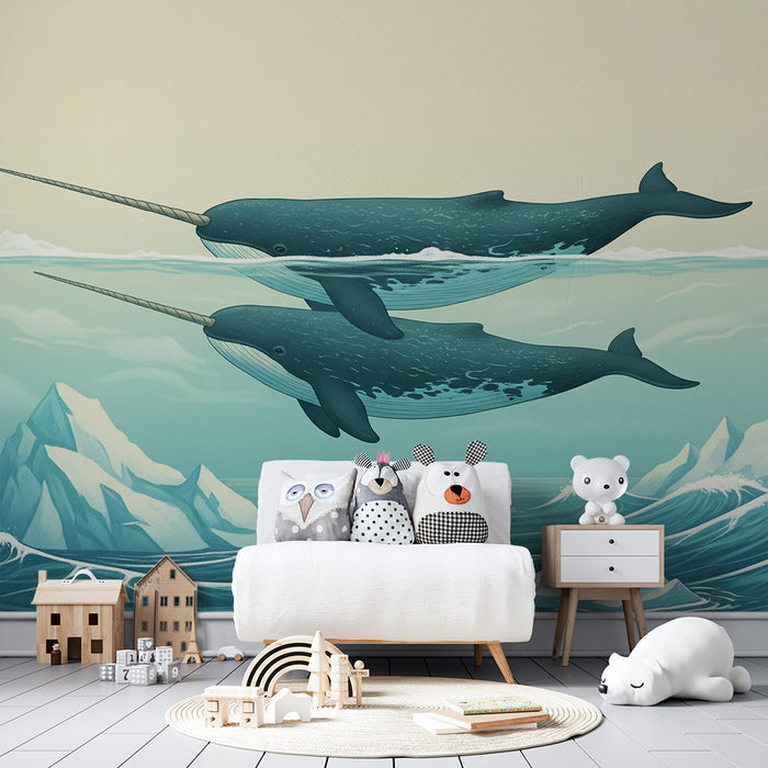 Papier peint chambre enfant | Narvals nageant dans de belles eaux turquoise