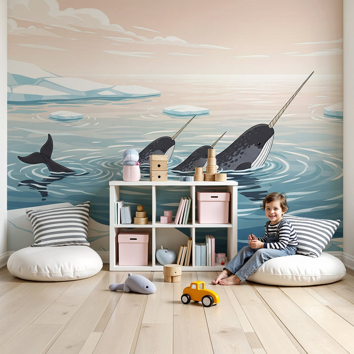 Papier peint chambre enfant | Narvals nageant dans des eaux arctiques paisibles