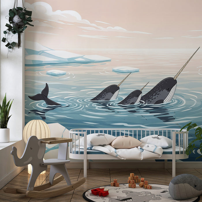 Papier peint chambre enfant | Narvals nageant dans des eaux arctiques paisibles