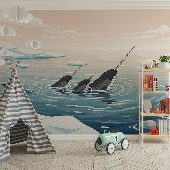 Papier peint chambre enfant | Narvals nageant dans des eaux arctiques paisibles