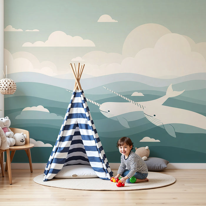 Children's bedroom wallpaper | Narvals swimming in soothing waves