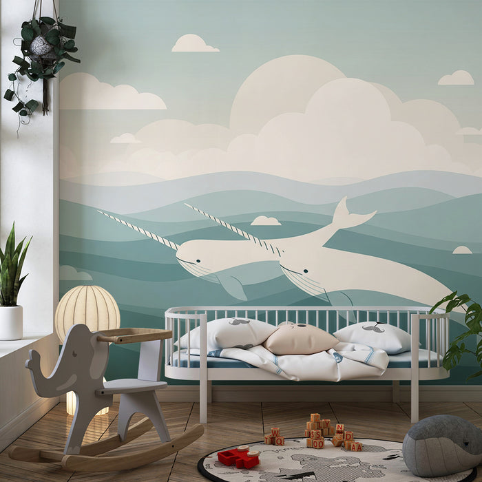 Children's bedroom wallpaper | Narvals swimming in soothing waves