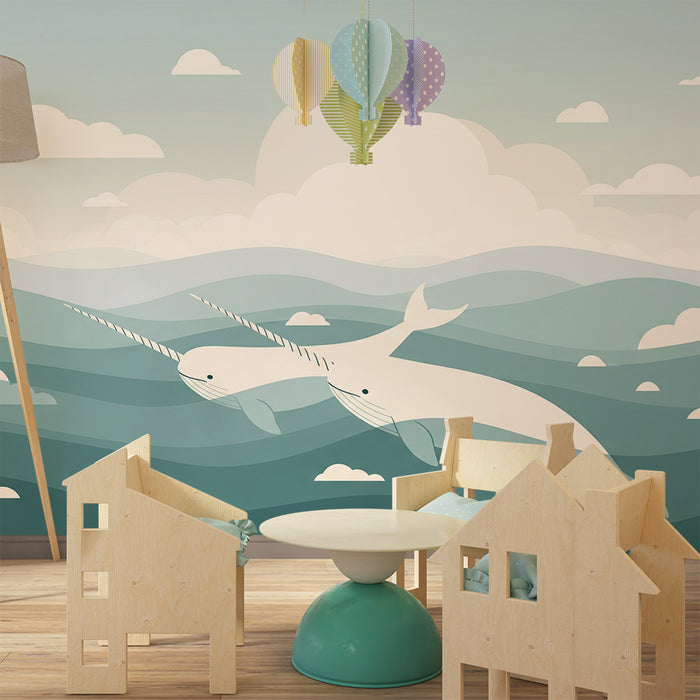 Children's bedroom wallpaper | Narvals swimming in soothing waves