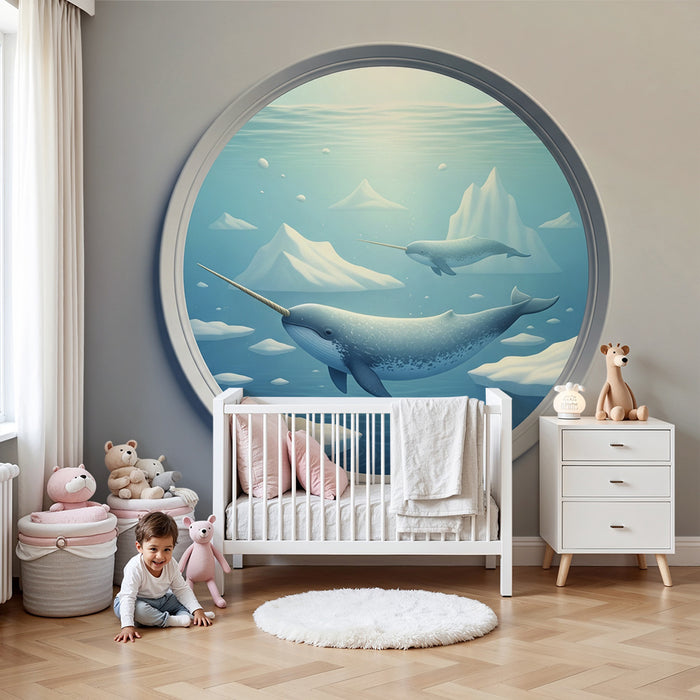Papier peint chambre enfant | Narvals nageant dans un océan glacé