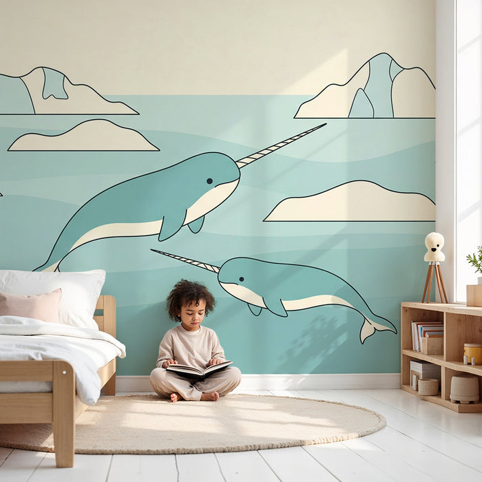 Papel de parede para quarto infantil | Narvals a nadar num oceano tranquilo com icebergues