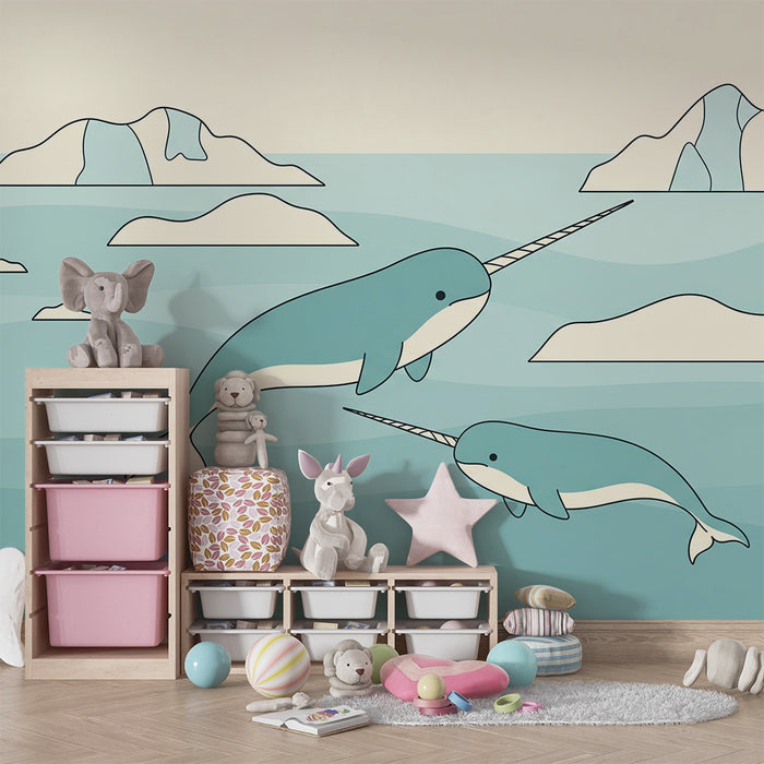 Papel de parede para quarto infantil | Narvals a nadar num oceano tranquilo com icebergues