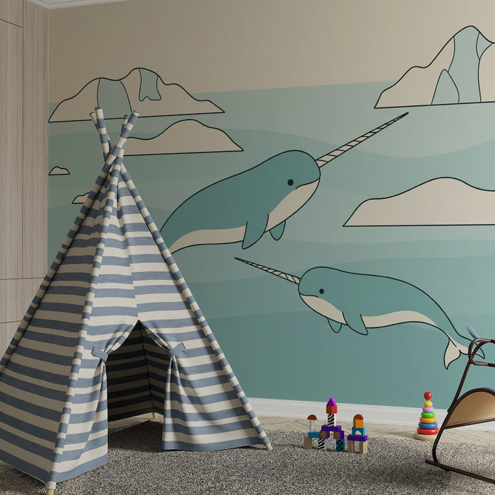 Papel de parede para quarto infantil | Narvals a nadar num oceano tranquilo com icebergues