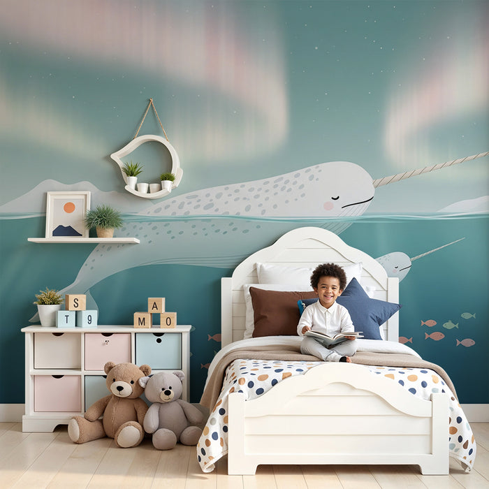 Papier peint chambre enfant | Narvals sous les aurores boréales dans un océan paisible