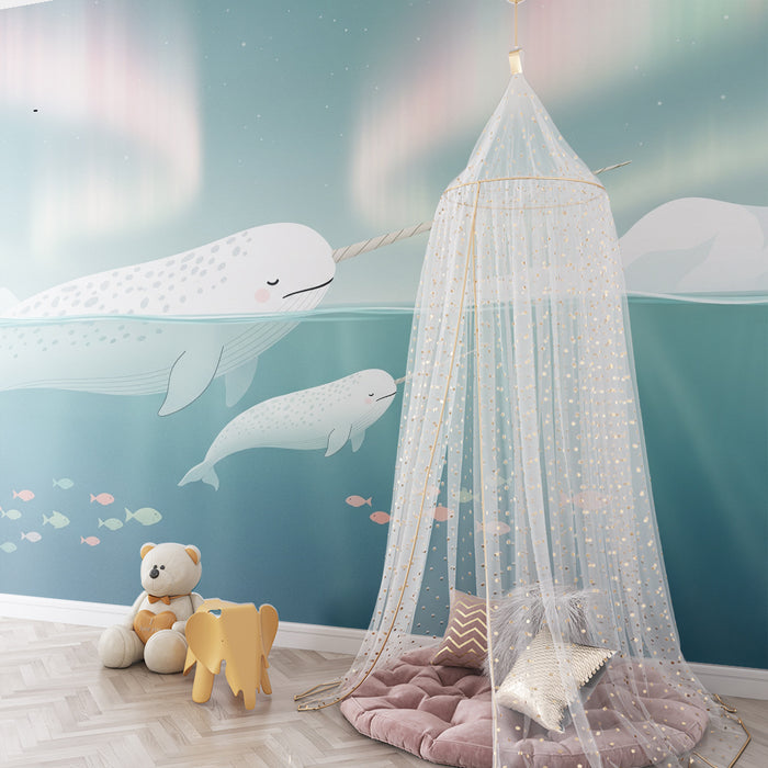Papier peint chambre enfant | Narvals sous les aurores boréales dans un océan paisible