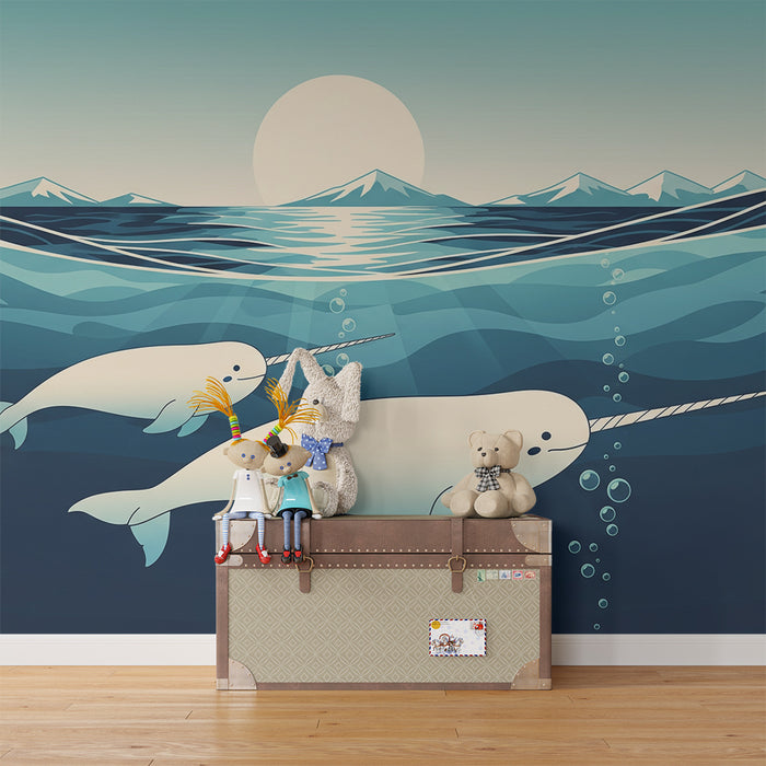 Tapeta do detskej izby | Ponorky narvalov v pokojnom oceáne