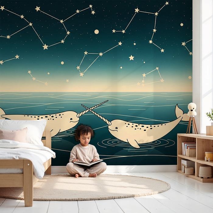 Kinderzimmer-Tapete | Narwale unter einem Sternenhimmel mit Sternbildern