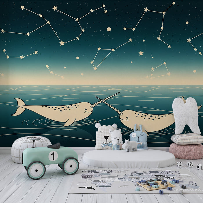 Kinderzimmer-Tapete | Narwale unter einem Sternenhimmel mit Sternbildern