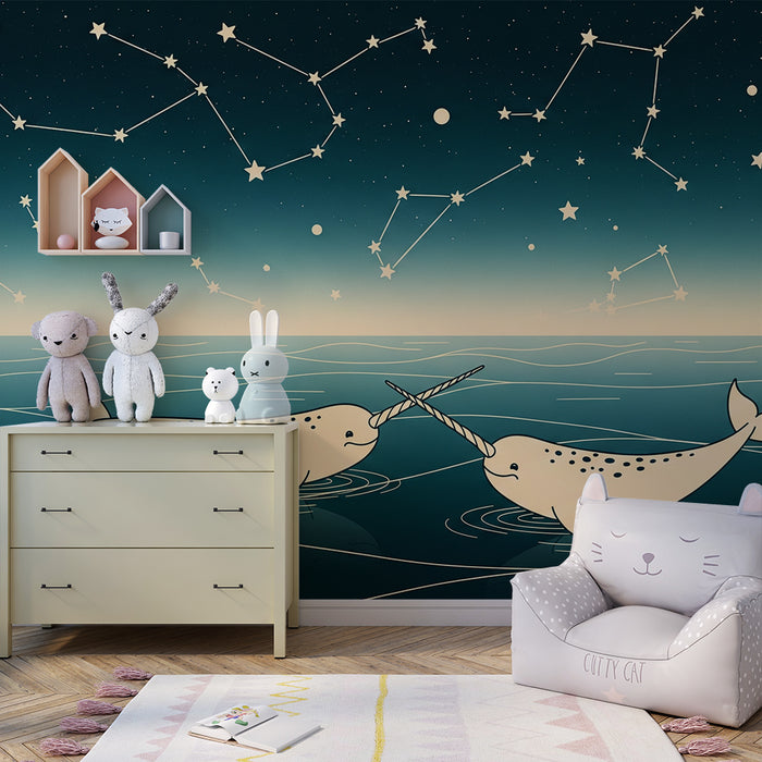 Kinderzimmer-Tapete | Narwale unter einem Sternenhimmel mit Sternbildern