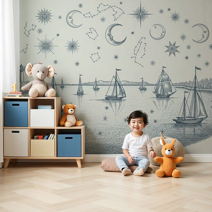 Carta da parati per camera bambini | Naviga tra le stelle con velieri e costellazioni