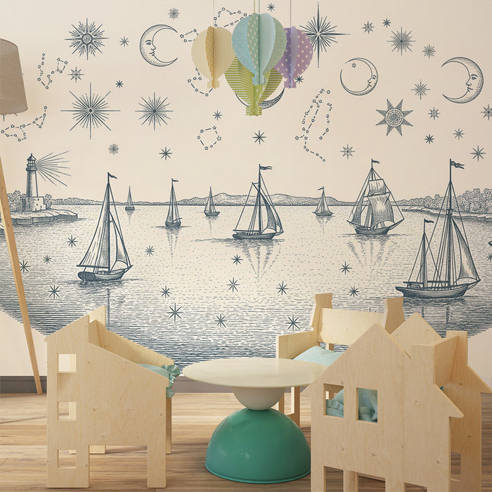 Carta da parati per camera bambini | Naviga tra le stelle con velieri e costellazioni