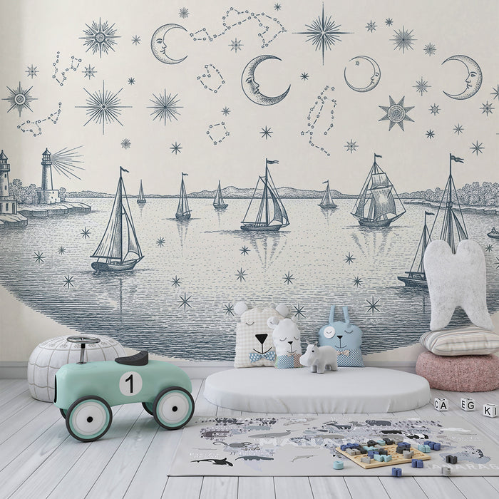 Carta da parati per camera bambini | Naviga tra le stelle con velieri e costellazioni
