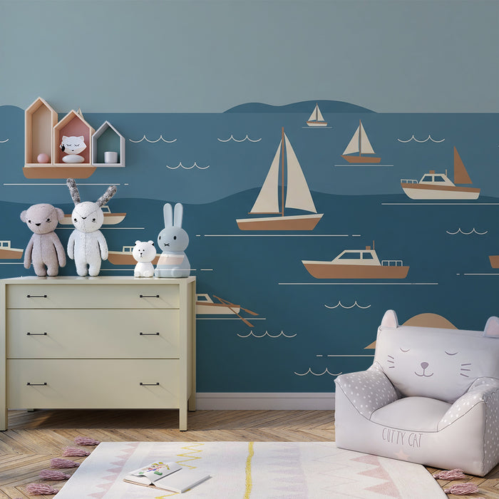 Papier peint chambre enfant | Naviguez sur des mers paisibles avec des bateaux colorés