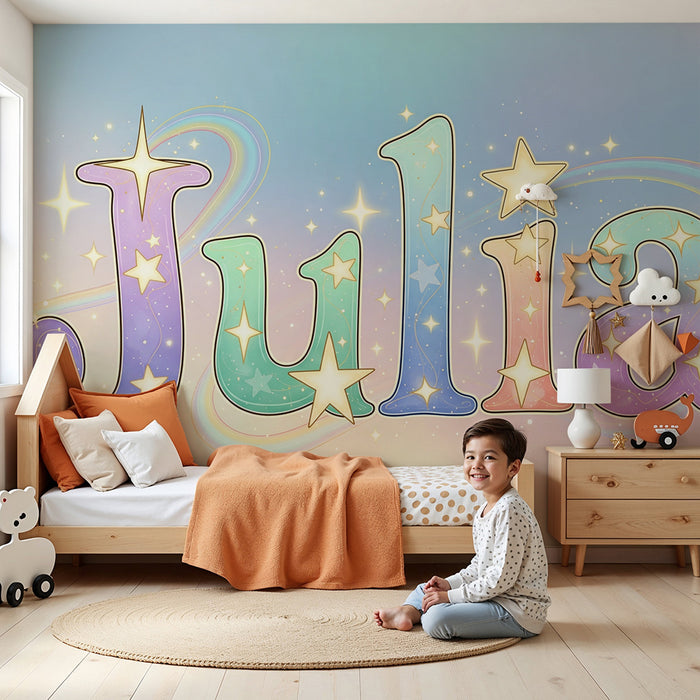 Kinderzimmer Tapete | Personalisierter Name mit Sternen und Pastellfarben
