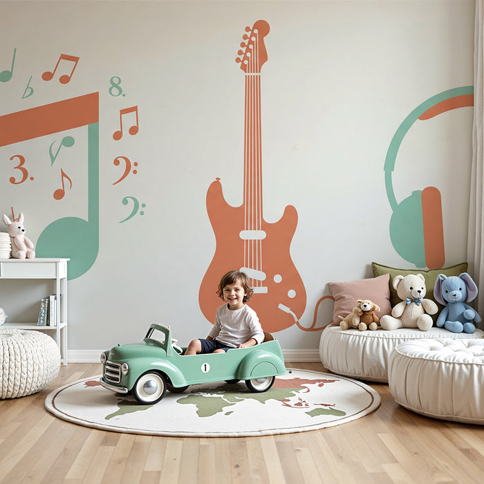 Kids' room wallpaper | Colorful music notes, guitars and headphones