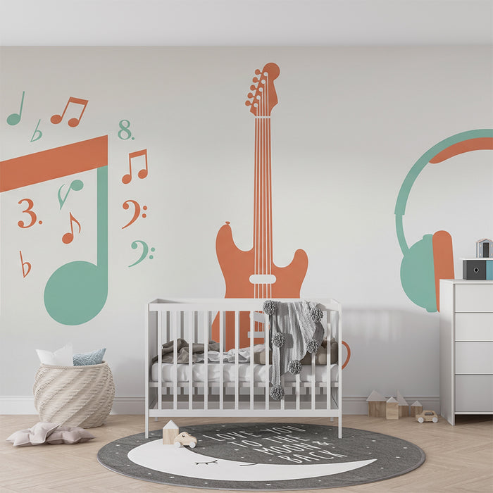Kids' room wallpaper | Colorful music notes, guitars and headphones