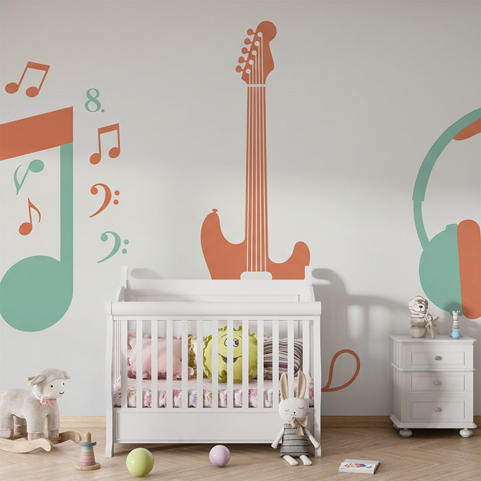 Kids' room wallpaper | Colorful music notes, guitars and headphones