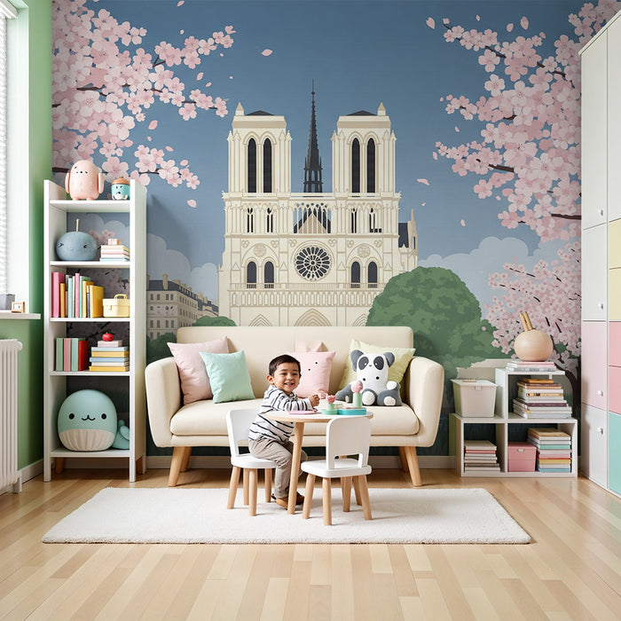 Carta da parati per camera bambini | Notre-Dame circondata da ciliegi in fiore
