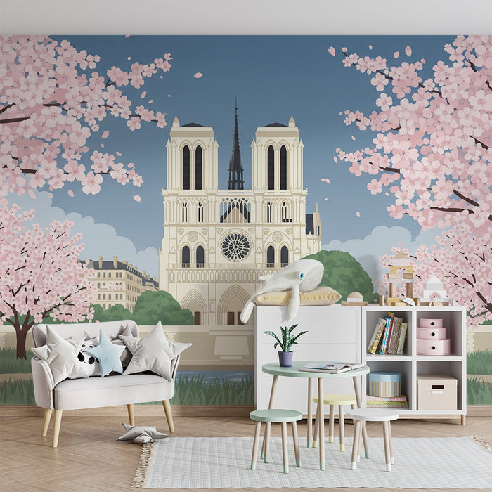 Carta da parati per camera bambini | Notre-Dame circondata da ciliegi in fiore
