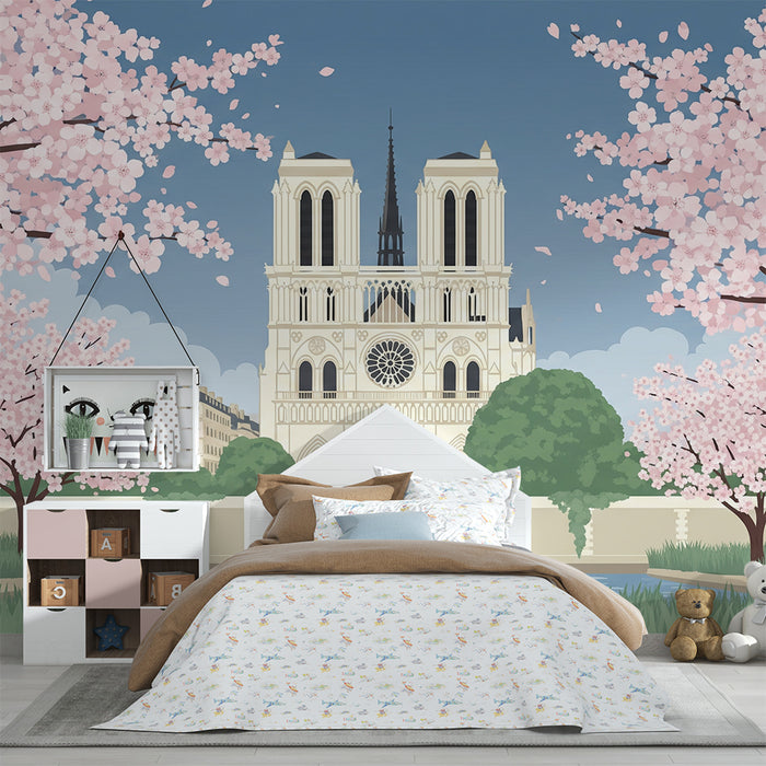Carta da parati per camera bambini | Notre-Dame circondata da ciliegi in fiore