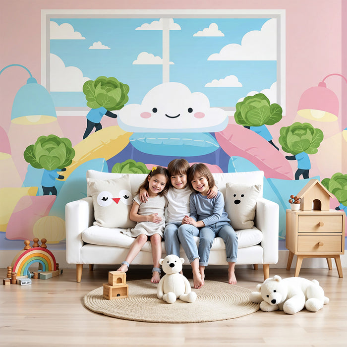 Papel de parede para quarto de criança | Nuvens sorridentes e legumes divertidos num universo colorido