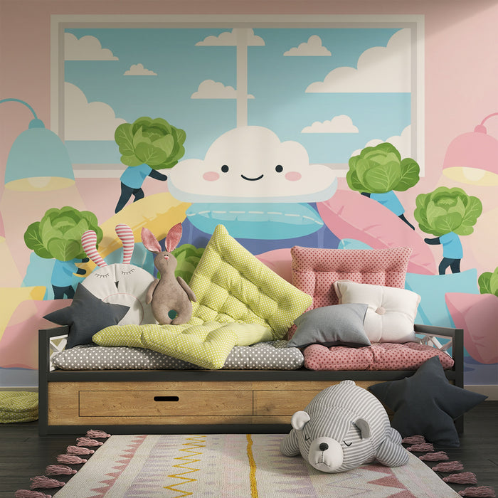 Papel de parede para quarto de criança | Nuvens sorridentes e legumes divertidos num universo colorido