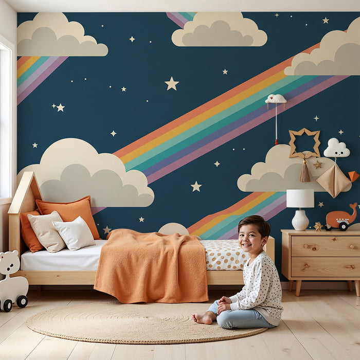Papel de parede para quarto de criança | Nuvens e arco-íris sobre fundo estrelado