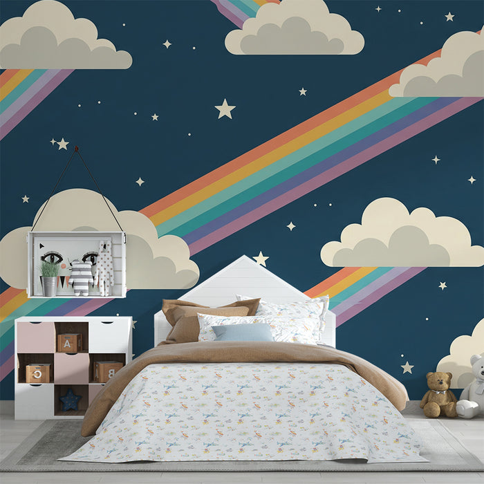 Papel de parede para quarto de criança | Nuvens e arco-íris sobre fundo estrelado