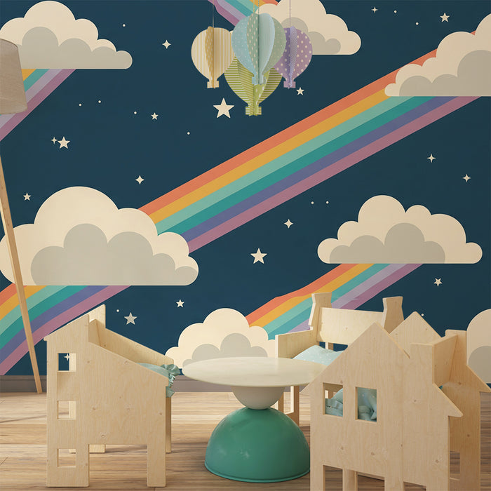 Papel de parede para quarto de criança | Nuvens e arco-íris sobre fundo estrelado