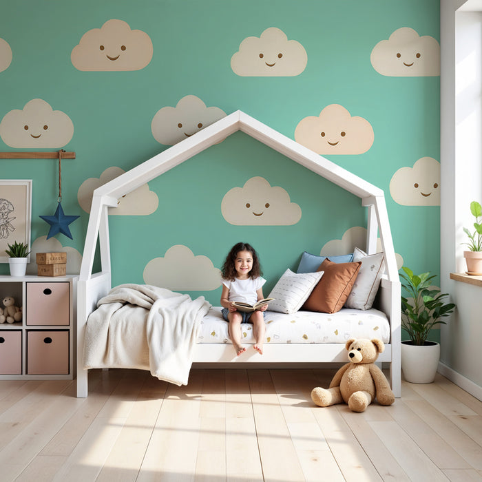 Papier peint chambre enfant | Nuages souriants sur fond aqua