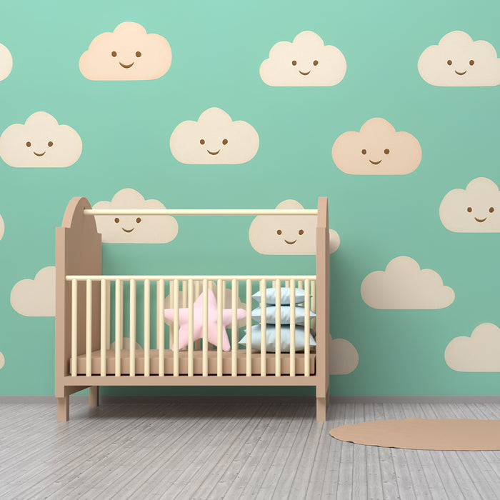 Papier peint chambre enfant | Nuages souriants sur fond aqua