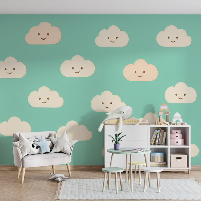 Papier peint chambre enfant | Nuages souriants sur fond aqua
