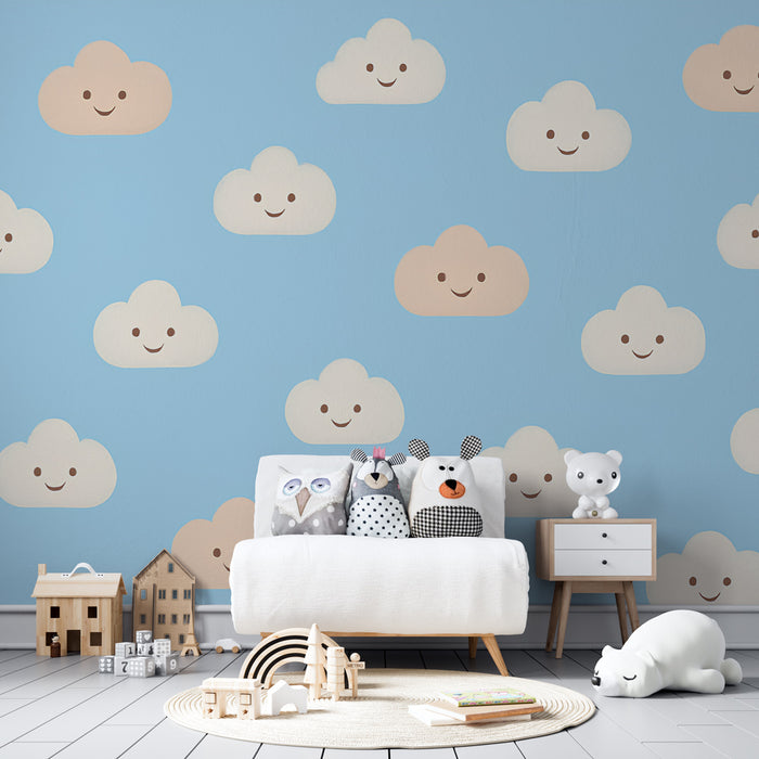 Papel de parede criança | Sorrisos de nuvens em fundo azul