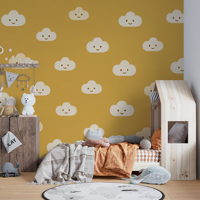 Papier peint chambre enfant | Nuages souriants sur fond doré