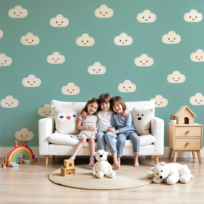 Papier peint chambre enfant | Nuages souriants sur fond turquoise