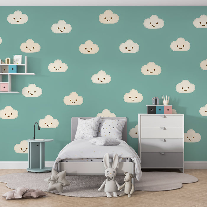 Papier peint chambre enfant | Nuages souriants sur fond turquoise