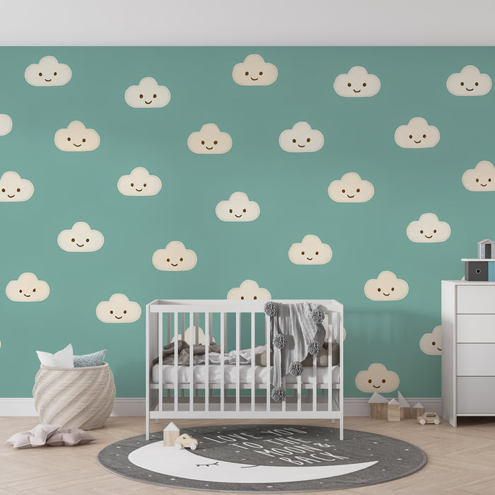 Papier peint chambre enfant | Nuages souriants sur fond turquoise