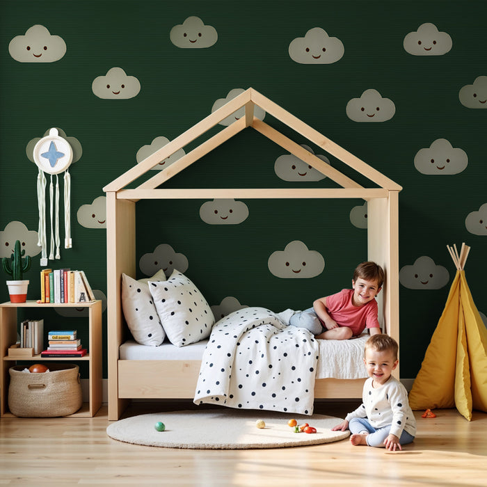 Papier peint chambre enfant | Nuages souriants sur fond vert
