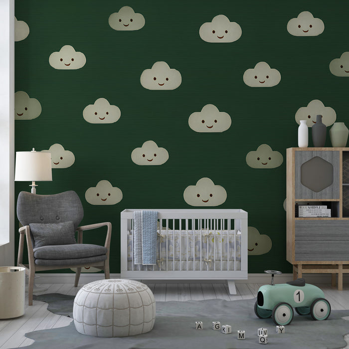 Papier peint chambre enfant | Nuages souriants sur fond vert
