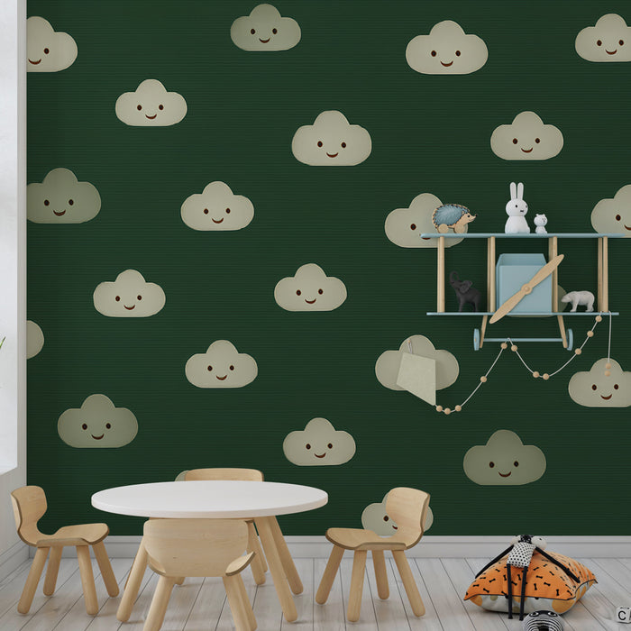 Papier peint chambre enfant | Nuages souriants sur fond vert