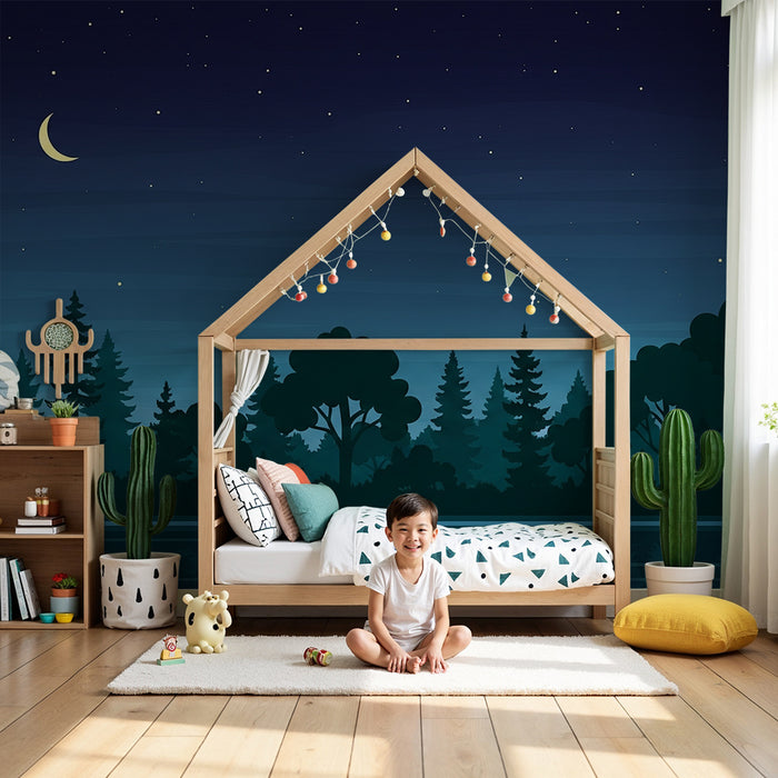 Kids room wallpaper | Starry night by the lake with tree silhouettes