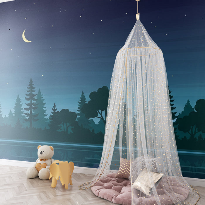 Kids room wallpaper | Starry night by the lake with tree silhouettes