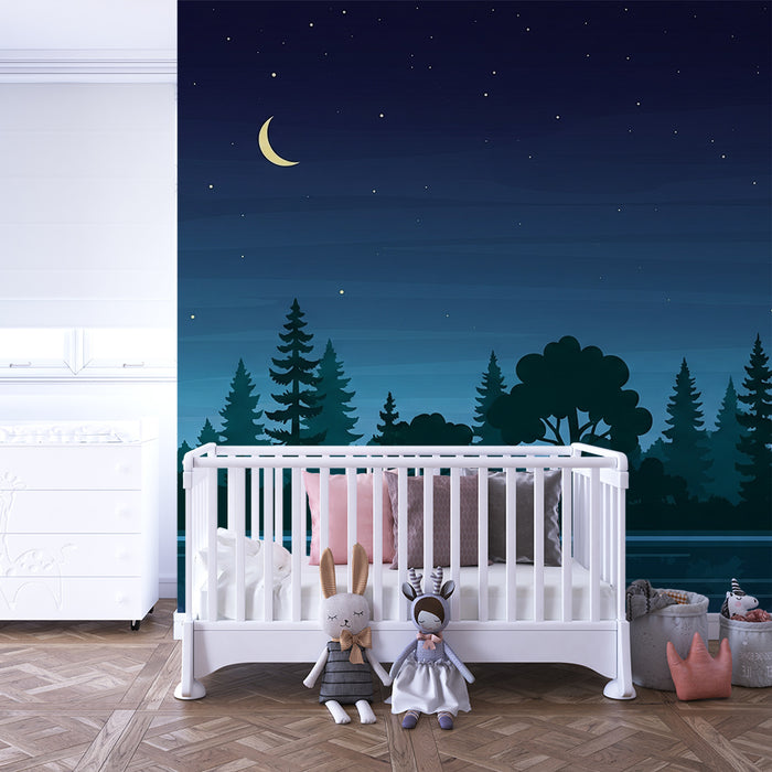 Kids room wallpaper | Starry night by the lake with tree silhouettes