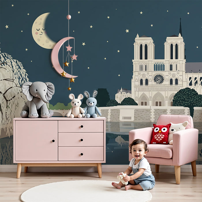Papier peint chambre enfant | Nuit étoilée avec la cathédrale et un ciel rêveur